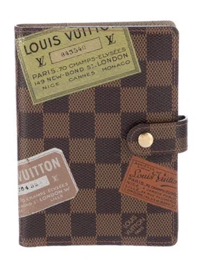 Pre-owned Louis Vuitton Damier Ebene Trunk & Labels Small Ring Agenda Cover In Brown