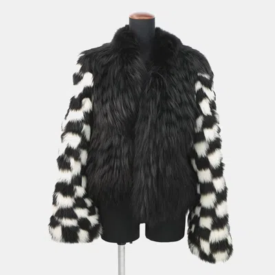 Pre-owned Louis Vuitton Damier Fox Intarsia Fur Jacket Size 38 White/black Fox Raccoon