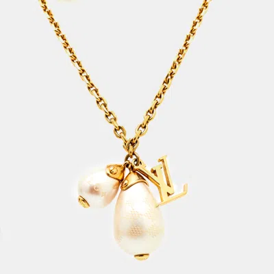 Pre-owned Louis Vuitton Damier Perle Faux Pearl Gold Tone Pendant Necklace