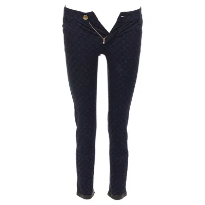 Pre-owned Louis Vuitton Dark Blue Lv Monogram Black Leather Trim Skinny Jeans Fr34 Xs