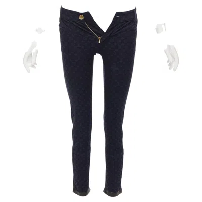 Pre-owned Louis Vuitton Dark Blue Lv Monogram Black Leather Trim Skinny Jeans Fr34 Xs