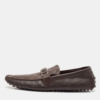 Pre-owned Louis Vuitton Dark Brown Damier Embossed Leather Hockenheim Slip On Loafers Size 42.5