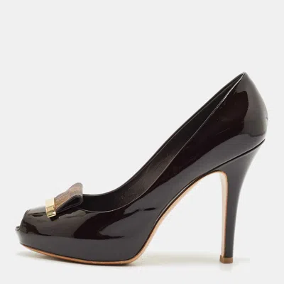 Pre-owned Louis Vuitton Dark Brown Patent Leather Peep Toe Platform Pumps Size 36.5