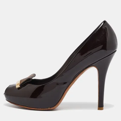Pre-owned Louis Vuitton Dark Brown Patent Leather Peep Toe Pumps Size 36.5