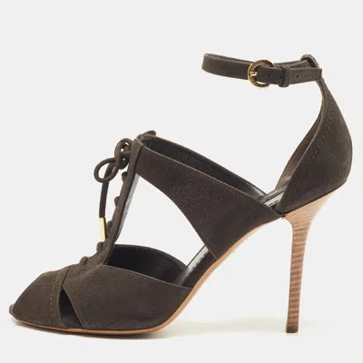 Pre-owned Louis Vuitton Dark Brown Pebbled Leather Corfu Caged Ankle Strap Sandals Size 40