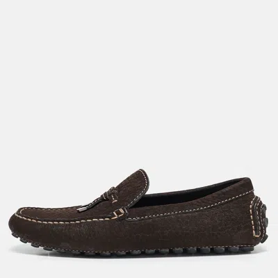 Pre-owned Louis Vuitton Dark Brown Textured Nubuck Leather Bow Loafers Size 41