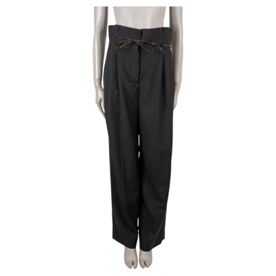 Pre-owned Louis Vuitton Dark Grey Wool 2024 Belted Paperbag Waist Wide Pants 38 S In Gray