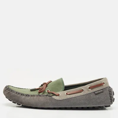 Pre-owned Louis Vuitton Dark Tricolor Suede And Leather Logo Bow Slip On Loafers Size 42.5 In Multi