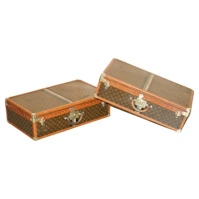 Pre-owned Louis Vuitton Decorative Pair Of Restored Antique  Monogram Suitcase Trunks In Brown
