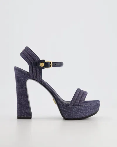 Pre-owned Louis Vuitton Denim Sandal Heels With Lv Gold Ankle-strap Detail In Blue