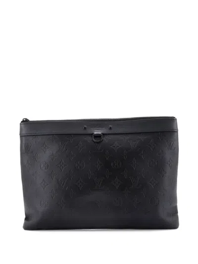 Pre-owned Louis Vuitton Discovery Pochette Monogram Shadow Leather Gm Pouch In Black