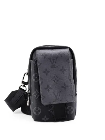 Pre-owned Louis Vuitton Double Phone Pouch Nm Reverse Monogram Eclipse Canvas Crossbody Bag In Black
