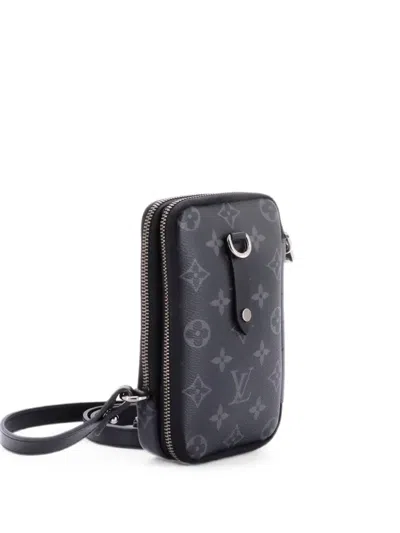 Pre-owned Louis Vuitton Double Phone Pouch Reverse Monogram Eclipse Canvas Clutch Bag In Black