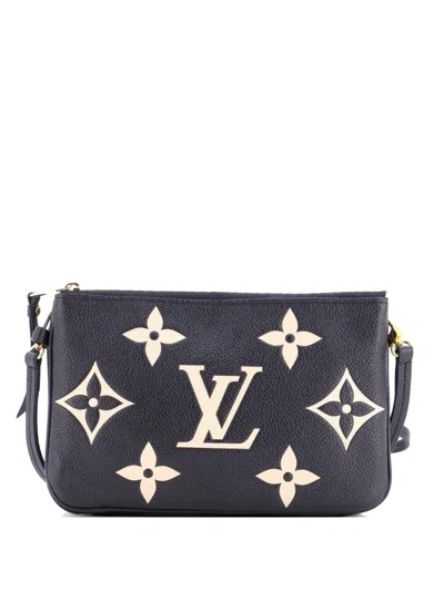Pre-owned Louis Vuitton Double Zip Pochette Bicolor Monogram Empreinte Giant Crossbody Bag In Black