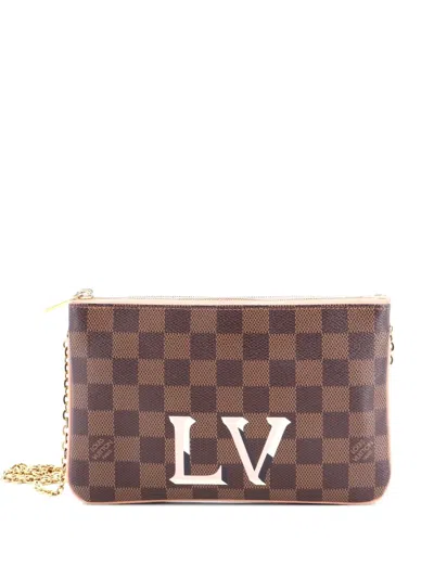 Pre-owned Louis Vuitton Double Zip Pochette Damier Clutch Bag In Brown