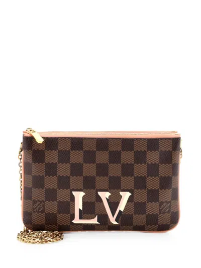 Pre-owned Louis Vuitton Double Zip Pochette Damier Clutch Bag In Brown