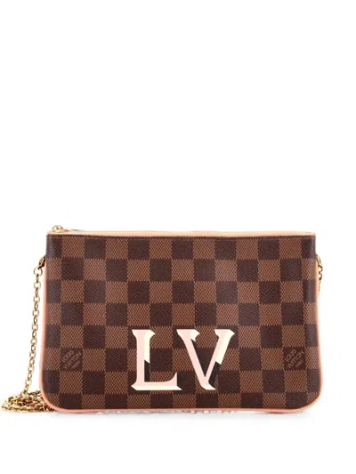 Pre-owned Louis Vuitton Double Zip Pochette Damier Clutch Bag In Brown