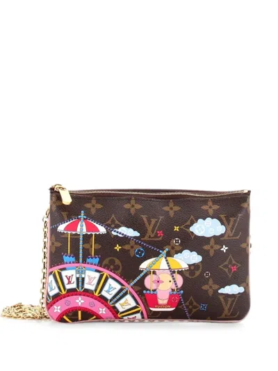 Pre-owned Louis Vuitton Double Zip Pochette Limited Edition Vivienne Xmas Monogram Canvas Clutch Bag In Brown