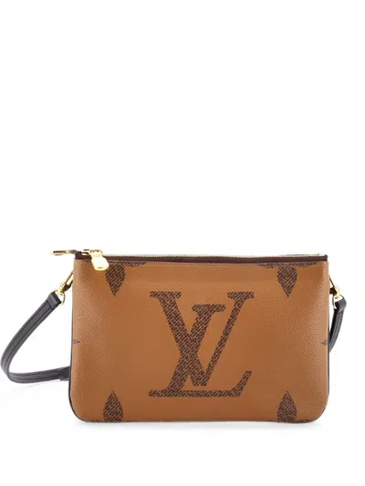 Pre-owned Louis Vuitton Double Zip Pochette Reverse Monogram Giant Clutch Bag In Brown