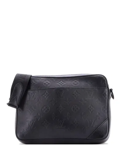 Pre-owned Louis Vuitton Duo Messenger Bag Monogram Shadow Leather Crossbody Bag In Black