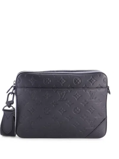 Pre-owned Louis Vuitton Duo Messenger Bag Monogram Shadow Leather Crossbody Bag In Black