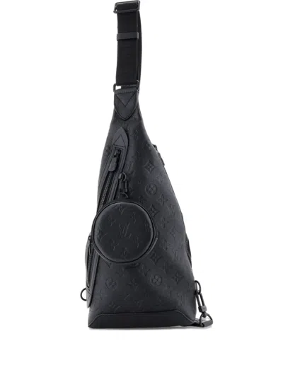 Pre-owned Louis Vuitton Duo Sling Bag Monogram Shadow Leather Crossbody Bag In Black