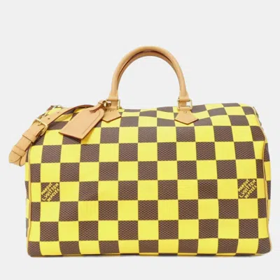 Pre-owned Louis Vuitton Ebene Yellow Damier Pop Speedy Bandouliere 50cm Boston Bag In Brown