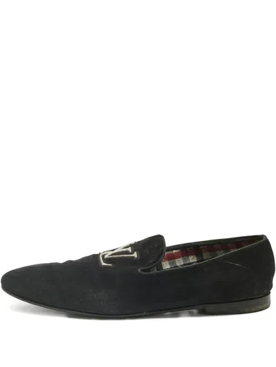 Pre-owned Louis Vuitton Embroidered Suede Loafers In Black