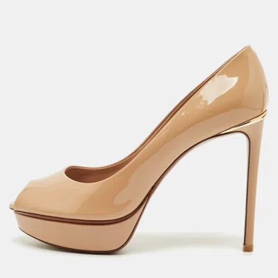 Pre-owned Louis Vuitton Eyeline Size 37.5 Beige Patent Leather Platform Peep Toe Pumps In Sand