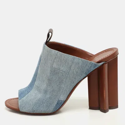 Pre-owned Louis Vuitton Faded Blue Patchwork Denim Flower Heel Mules Size 37