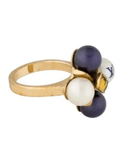 Pre-owned Louis Vuitton Faux Pearl & Crystal Cry Me A River Cocktail Ring In Multi
