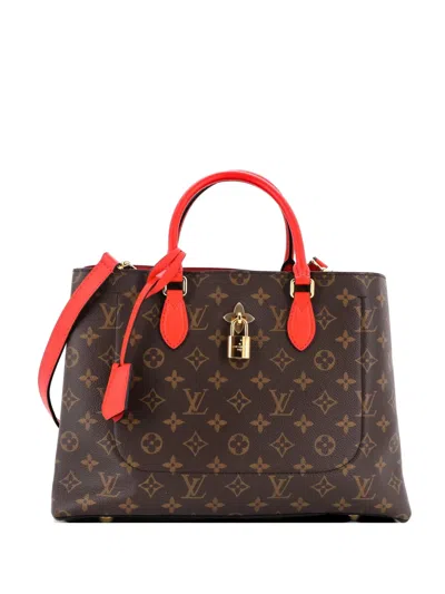 Pre-owned Louis Vuitton Flower Monogram Canvas With Leather Tote Bag In Brown