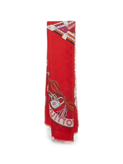 Pre-owned Louis Vuitton Flower Straps Print Scarf In Red