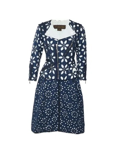 Pre-owned Louis Vuitton Flower-embroidered Midi Dress In Blue