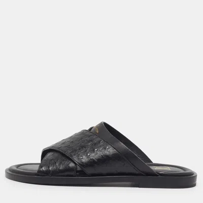 Pre-owned Louis Vuitton Foch Size 40 Black Ostrich Leather Criss Cross Flat Slide