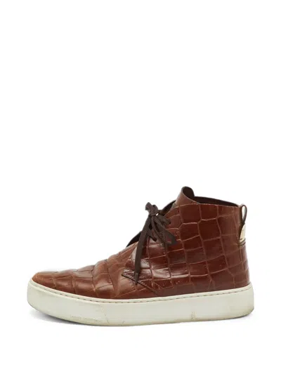 Pre-owned Louis Vuitton Front Row Croc-embossed Sneakers In Brown