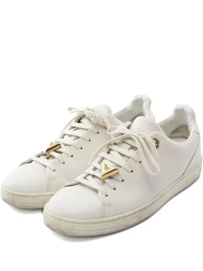 Pre-owned Louis Vuitton Front Row V-detail Leather Sneakers In White