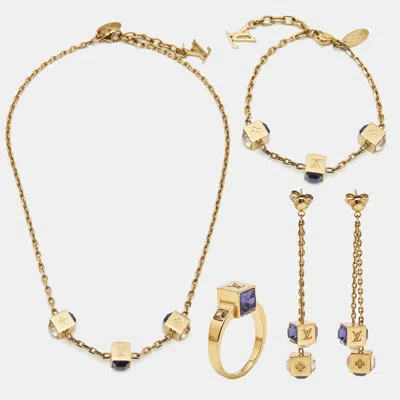 Pre-owned Louis Vuitton Gamle Crystals Gold Tone Necklace Bracelet Ring And Earrings Set