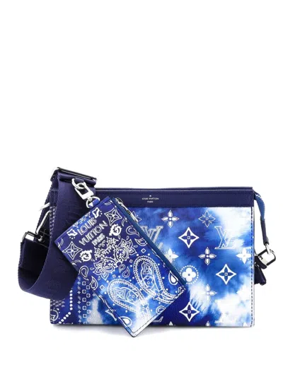 Pre-owned Louis Vuitton Gaston Wearable Wallet Limited Edition Monogram Bandana Leather Crossbody Bag In Blue
