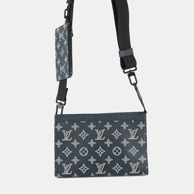 Pre-owned Louis Vuitton Gaston Wearable Wallet Navy Monogram Shadow In Blue