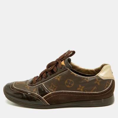 Pre-owned Louis Vuitton Globe Trotter Size 40 Brown/gold Monogram Canvas And Patent Low Top Sneakers