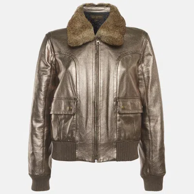 Pre-owned Louis Vuitton Gold Metallic Leather And Fur Collar Aviator Jacket M