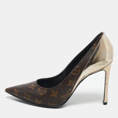 Pre-owned Louis Vuitton Gold Monogram Canvas And Leather Chérie Pumps Size 38.5