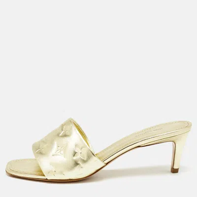 Pre-owned Louis Vuitton Gold Monogram Embossed Leather Revival Slide Sandals Size 39.5