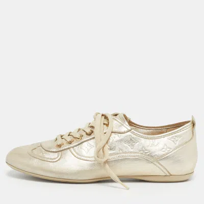 Pre-owned Louis Vuitton Gold Monogram Leather Trainers Lace Up Sneakers Size 38