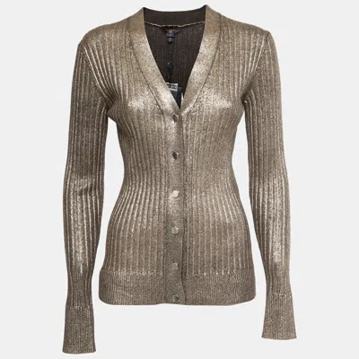 Pre-owned Louis Vuitton Gold Rib Knit Coated Wool Cardigan S