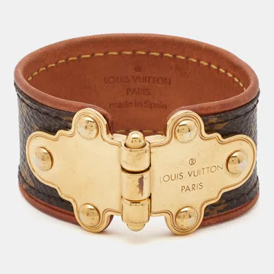 Pre-owned Louis Vuitton Gold Tone Save It Brown Monogram Canvas Wide Cuff Bracelet 17