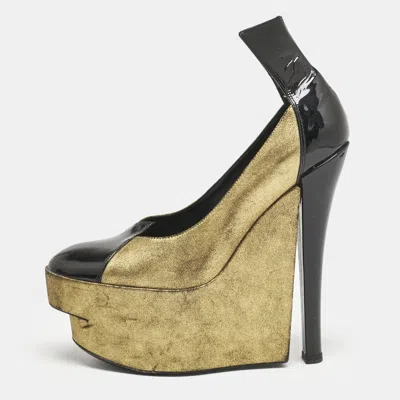 Pre-owned Louis Vuitton Gold/black Leather And Patent Leather Wedge Pumps Size 38.5
