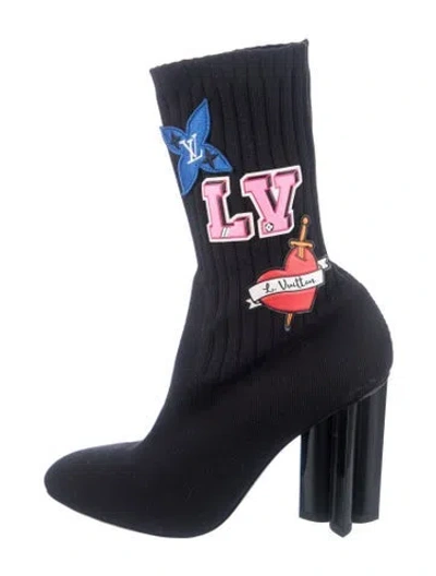 Pre-owned Louis Vuitton Graphic Print Embroidered Accent Sock Boots In Black/blue