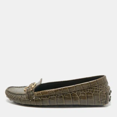 Pre-owned Louis Vuitton Green Croc Embossed Leather Dauphine Loafers Size 39.5
